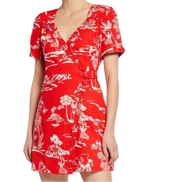Tanya Taylor Alda Linen Red Hawaiian Mini Dress - Picture 1 of 12
